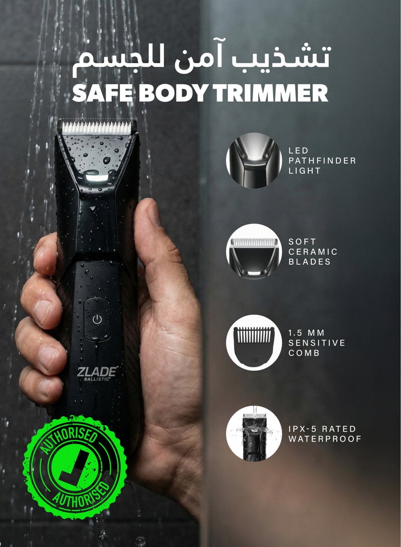 ZLADE مقلم الجسم ZLADE Ballistic LITE PLUS المقاوم للماء IPX5 | مقلم قابل لإعادة الشحن لتشذيب الشعر | للأجزاء الخاصة، اللحية وشعر العانة | شحن سريع وقفل سفر | أسود - Image 1